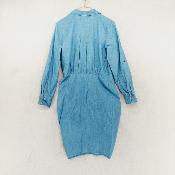 Veveret Women's Light Blue Long-Sleeve Button-Up Tie-Front Shirt Dress P6959 - Picture 5 of 8